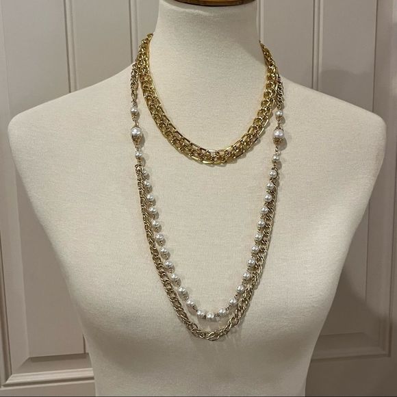 Jewelry - Set of 2 Chain Link & Faux Pear Necklaces Gold Tone Layering